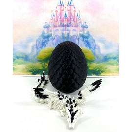 3D Printed Articulated Dragon with Wings, Crystal Winged Dragon with Dragon Egg, White and Black Winged Dragon, Fidget ADHD Autism Toy CW011-BE