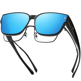 DUCO Polarized Fit Over Sunglasses for Men and Women, Trendy Square Glasses, Oversized Protection Wear Over Glasses DC8985 (Black Frame Revo Blue Lens)