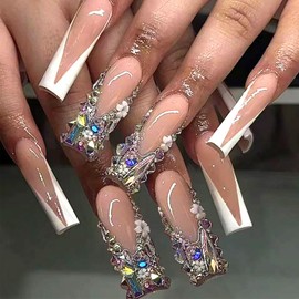 IMSOHOT Rhinestone Press on Nails Long Square Fake Nails White French Tips Glossy Glue on Nails Full Cover Nude Acrylic Artificial False Nails Luxury Nail Supplies Stick on Nails 24Pcs