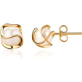 Barzel 18K Gold Plated Caged Pearl Stud Earrings, 6MM - Made In Brazil
