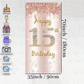 Happy 15th Birthday Door Banner Backdrop Decorations for Girls, Pink Rose Gold 15th Birthday Party Door Cover Sign Supplies, Fifteen Year Old Birthday Poster Background Photo Booth Props Décor