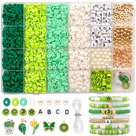 Dotilili 3164 Pcs Green Clay Beads Bracelet Making Kit, Christmas Flat Round Polymer Clay Beads Friendship Beads with Letter Beads Charms 6mm Heishi Beads Jewelry Making Kit for Crafts Girls Gift