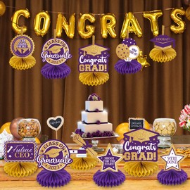 9 Pieces Class of 2023 Graduation Table Decorations - 2023 Congrats Grad Honeycomb Centerpieces, Graduation Table Toppers Decor for 2023 Graduation Party Decorations Favor Supplies (Purple and Gold)