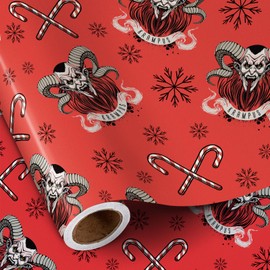 RUSPEPA Krampus Christmas Wrapping Paper Roll, Mini Roll, Red Horror Holiday Devil, Snowflake and Candy Cane Design, Fun Gift Wrap Paper for Holiday, Theme Party, 17 Inches x 16.4 Feet