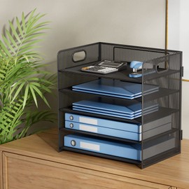 GDINDINFAN 5-Tier Letter Tray Paper Organizer Mesh Desktop File Organizer with Handle, Metal Desk Paper Sorter and Storage for Letter/A4 for Office, Black