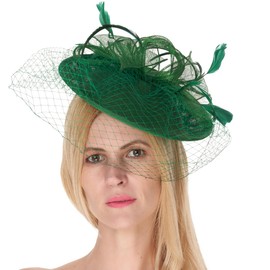 Caprilite Sinamay Fascinator with Saucer Fascinator Wedding Ascot Hat Bird Cage Veil, Jade Green