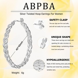 ABPBA 925 Sterling Silver Hoop Earrings for Women Hypoallergenic Twisted Hoop Earrings with Cubic Zirconia Lightweight Large Silver Hoops Big Thin Hoops Earrings for Women 40MM