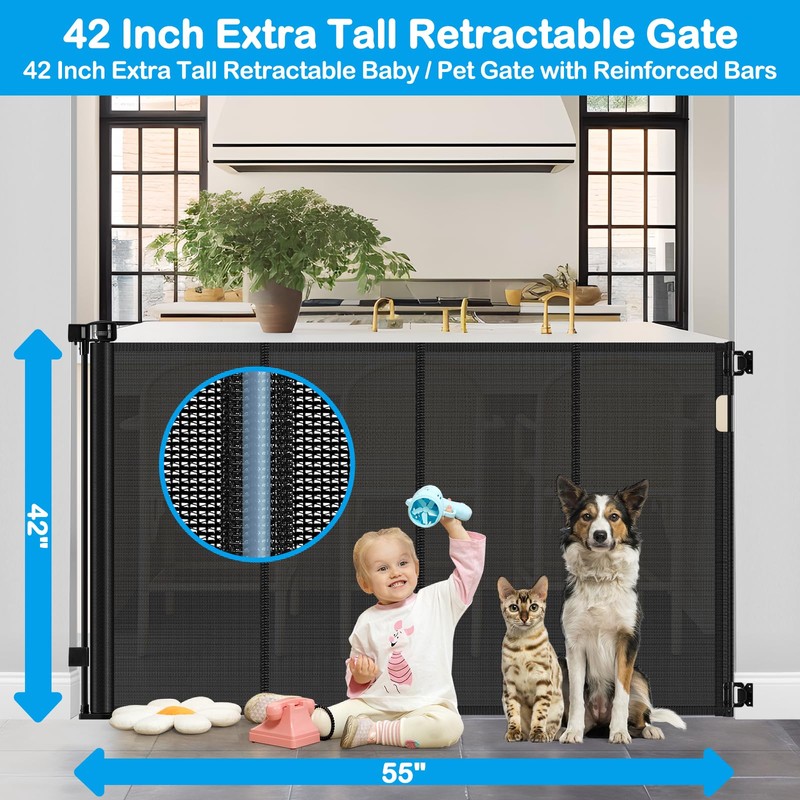 Reinforced 42 Inch Extra Tall Retractable Dog Gate with Reinforced