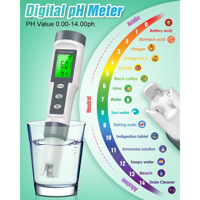 Digital pH Meter with TDS and Temperature Display, LCD Screen,