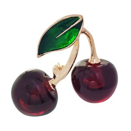 KINMOT Sweet Enamel Green Leaf Double Red Cherry Resin Brooch Pin