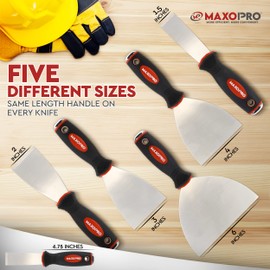 MaxoPro Professional Putty Knife Set Stainless Steel – 5Pcs Durable Putty Knife Scrapers for Drywall Spackle, Filing, Paint Scraping – Puddy Knife Wall Repair Kit with Ergonomic Non-Slip Handle