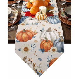 Fall Table Runner Thanksgiving Watercolor Pumpkin Autumn Harvest Tabletop Runners, Flower Maple Leaves Dresser Scarves for Dining Room Kitchen Holiday Party Tables Decoration 13 x 36 Inch