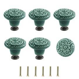 Adyoney 6 Pcs Green Ceramic Cabinet Kitchen Knobs Handles - Vintage Round Single Hole Knobs for Drawer, Cupboard, and Closet - Complete with Mounting Screws