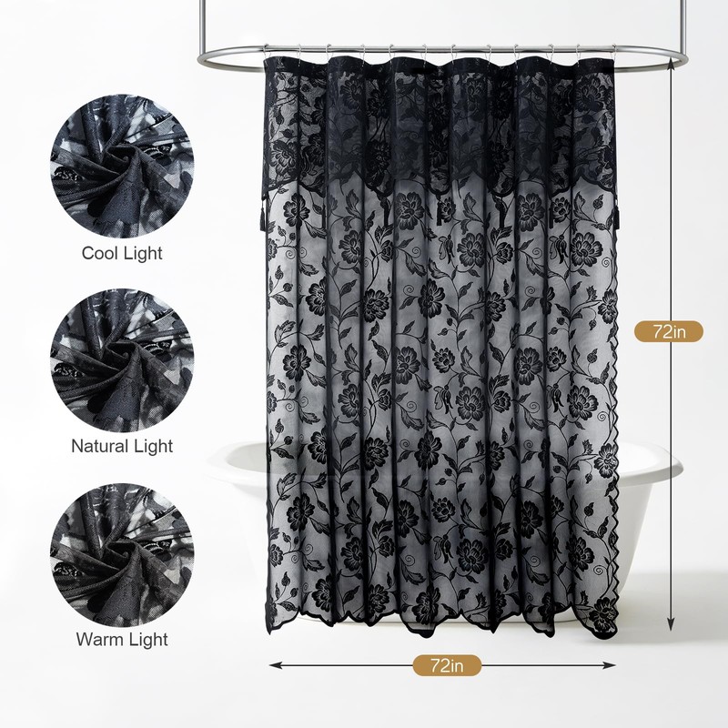 SD SDLIVING Black Lace Shower Curtain with Tassels,Luxury Floral Sheer