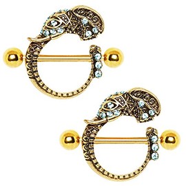 Cocobul Body Jewelry Pair of Gold Plated Tribal Elephant Nipple Shield 14 Gauge 3/4"