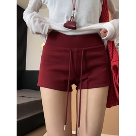 Women's Summer High Waist Drawstring Yoga Hot Pants 695 with Back Pocket White M/Red 5ea