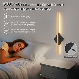 Battery Operated Wall Sconces Set of Two, Modern Sconces Wireless Cordless Rechargeable Light with Remote, Gold and Black Wall Lamp Dimmable Home Decor for Bedroom Living Room Hallway Timing 23.6 Inch