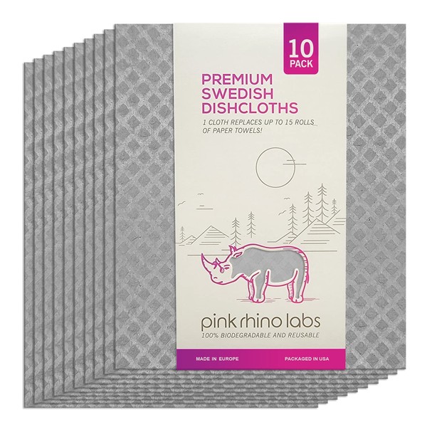 PINK RHINO LABS Swedish DishCloths for Kitchen- 10 Pack Reusable Paper Towels Washable - Eco Friendly Cellulose Sponge Microfiber Dish Cloths - Kitchen Essentials