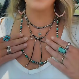 Navajo Pearl Bow Necklace for Women Cowboy Dainty Beaded Bowknot Necklace Boho Vintage Bow Choker Necklace Statement Navajo Bow Charm Necklace Western Chunky Wedding Jewelry