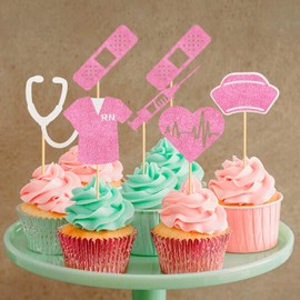 Keaziu Paquete de 24 decoraciones para magdalenas de enfermería rosadas para enfermeras, graduaciones, magdalenas, decoración de fiesta de cumpleaños