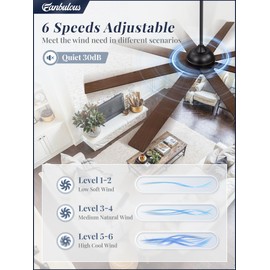 72 Inch Ceiling Fan no Light, Black Ceiling Fan with Remote, 6-Speeds, Quiet Reversible DC Motor, Industrial Ceiling Fans without Lights for Living Room, Garage, Patio, Indoor/Outdoor Use