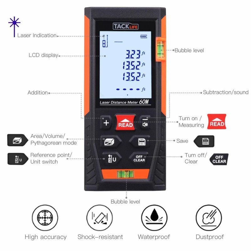Tacklife HD60 Classic Laser Measure 196Ft M/In/Ft Mute Laser Distance