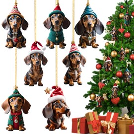Dachshund Christmas Tree Decorations, Pack of 7 2D Dachshund Christmas Pendants Made of Acrylic, Christmas Flat Dachshund Pendant Decor, Cartoon Christmas Decoration, Dachshund Dog Car Pendant for