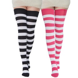BABAHU Womens Extra Long Cotton Stripe Thigh High Socks Over the Knee High Socks (Black/White & Fuschia/White)