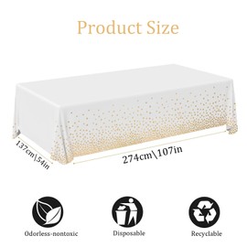 Shunshi 2 Pack Plastic Tablecloths 137x274cm, Disposable Checkered Rectangle Tablecloth, Waterproof and Spillproof Party Table Covers Wipe Clean for Party Supplies(White Gold Dot)
