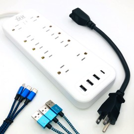 Heavy Duty 3000-Joule 10-Outlet 4-USB Fire Safe Surge Protector with Outlet Saver Power Cord and USB Charge Cables