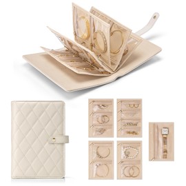 SYYHSYAL Travel Jewelry Organizer Case, Jewelry Storage Book Ring Binder with Clear Zipper Velvet Jewelry Pouches Bags for Rings,Necklace,Earrings,Valentines Day Gifts for Her (Off white)