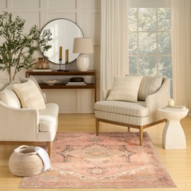 Nourison Home Vintage Washables Coral Multicolor 5'3" x 7'3" Area Rug - Easy Clean, Non Shedding, Bed Room, Living Room, Dining Room, Kitchen (5' x 7')