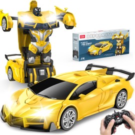 Qumcou Qumcou Remote Control CarTransform Robot RC Cars with Cool LED Headlights, 2.4Ghz Toys Car with 360 Degree Rotation and One-Button Deformation, Christmas Birthday Gifts for Boys Girls(Yellow)