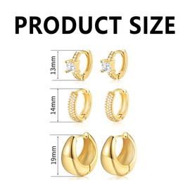 FDEETY Gold Earrings Set Women's 3 Pairs 14K Gold-Plated with Zirconia Chunky Hoop Earrings Hypoallergenic Lightweight Thick Huggie Open Hoop Earrings Ear Cuff Earrings Set for Multiple Ear Holes,