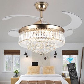 42 Inch Chandelier Crystal Ceiling Fans with Lights, Reversible Fandelier Dimmable LED Remote Control Retractable Ceiling Light Kits with Fans for Living Room Bedroom - Color: Gold