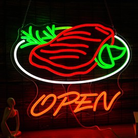 BNEMCEZH Beef Open Neon Sign LED Light Up Steak Signs Dimmable Cool Steak Open Decor Neon Business Light for Steakhouse Restaurant Fast Food Restaurant BBQ Neon Signs （16.5 * 12.6 In）