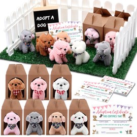 Blueweenly 84 Pcs Adopt a Pet Party Favors 24 Mini Plush Stuffed Animals 10 White Plastic Fence 24 Paper Gift Boxes 24 Adoption Cards with Mini Chalkboard and Artificial Lawn(Dog)