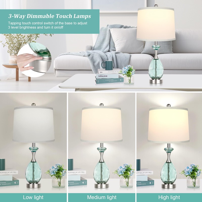 26" Coastal Glass Table Lamps Set of 2, 3-Way Dimmable