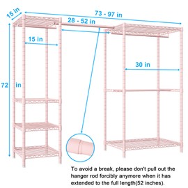 Ulif E10 Clothes Rack（With Stretchable Hanger Rod）Freestanding Clothing Racks for Hanging Clothes，Adjustable Closet Organizer System，Portable Garment Rack 73-97"W x 15" D x 72" H，Max Load 800LBS，Pink