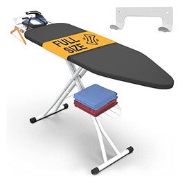 Xabitat Tabla de planchar de tamaño completo de 57 x 15 pulgadas con colgador de montaje en pared, construcción de metal completo, organizador de hierro integrado, tela resistente al calor y a las