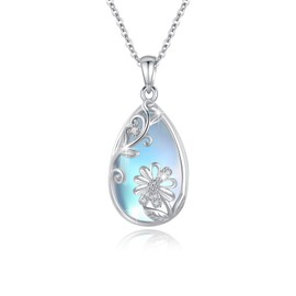 Daisy Necklace Moonstone Necklace for Women 925 Sterling Silver Daisy Pendant Necklace Flowers Moonstone Drop Necklace Hypoallergenic Daisy Jewellery for Women Girls, Sterling Silver
