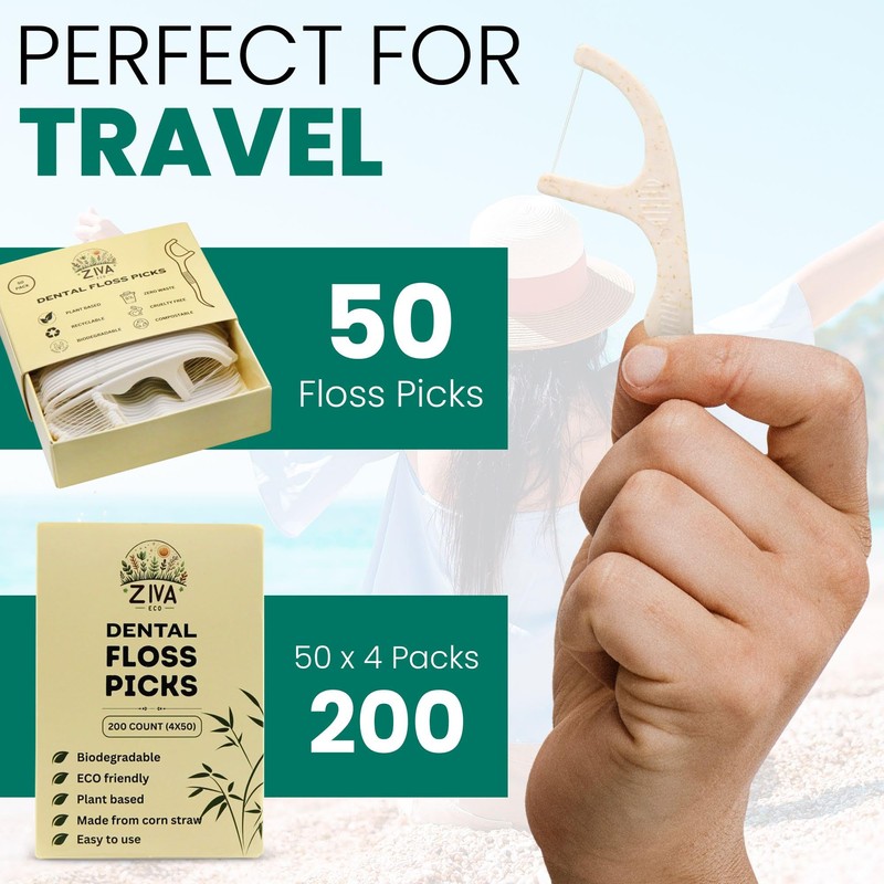 Ziva Eco Biodegradable Dental Floss Picks, 200 Count, PLA Corn