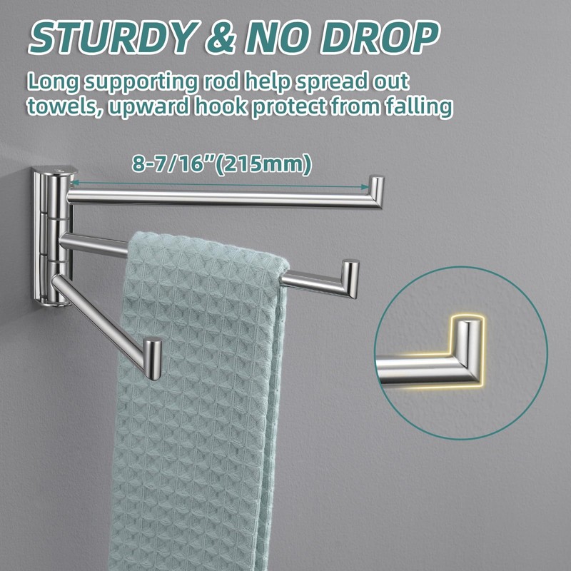 APLusee Polished Chrome Swivel Towel Bar, 304 Stainless Steel Foldable