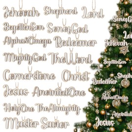 Threehoney 25 Pcs Names of Christ Ornaments Christmas Tree Decoration Wooden Names of Jesus Christian Ornament with Hemp Rope for Xmas Party Favor Decor