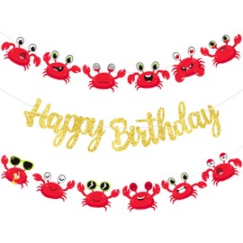Crab Birthday Banners Glitter Gold Crab Party Decorations 3Pcs Crab Birthday Party Hanging Banners Crab Party Supplies for Under The Sea Baby Shower Supplies