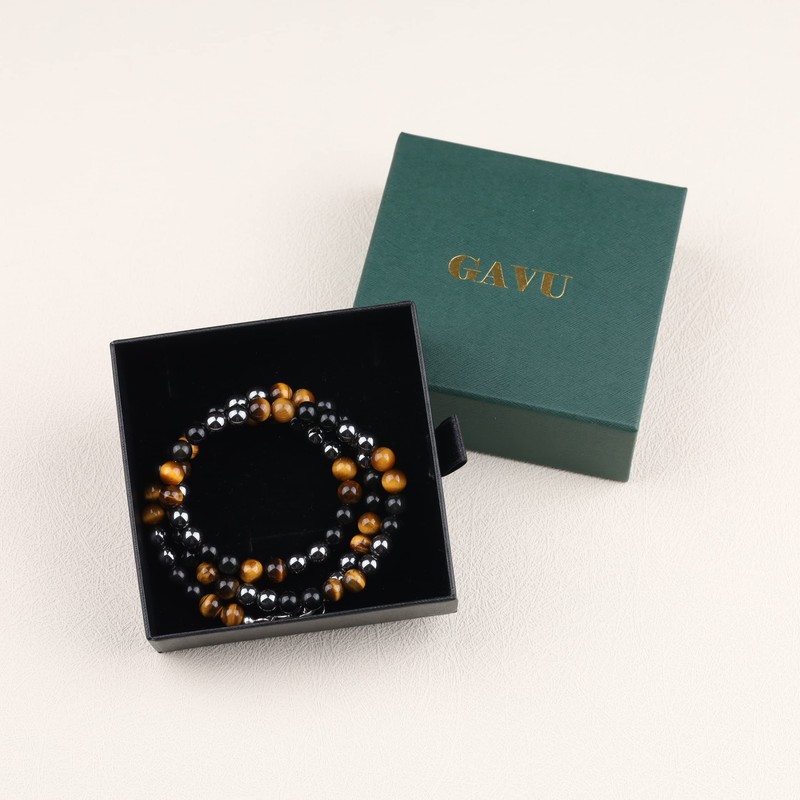GAVU Men's Triple Power Stone Hematite Tiger Eye Obsidian Necklace,