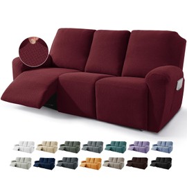 JIVINER Newest Design 8-Piece Recliner Sofa Covers Stretch Jacquard Couch Covers for Recliner Slipcovers for Living Room 3 Cushion Soft Recliner Protector with Pocket (Sofa Recliner, Wine Red)