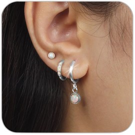 3pairs Hypoallergenic 14K Gold Hoop Earrings Stack Set,Dainty Opal Stud Earrings,Dangle Huggie Small Hoop Cartilage Earrings for Women,Trendy Fashion Jewelry Gifts