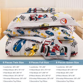 Mooreeke Twin Size Comforter Sets for Boys Kids, 6 Pieces Bed in a Bag Racing Car Bedding Comforter Sheet Set with Shams and Decorative Toy Pillow, Ultral Soft Microfiber Kids Bed Set