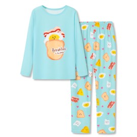 Topgal Cute Pajamas for Big Girls Light Blue Breakfast Time Toast Comfy Sleepwear Long Sleeve & Pant Sets Size 6